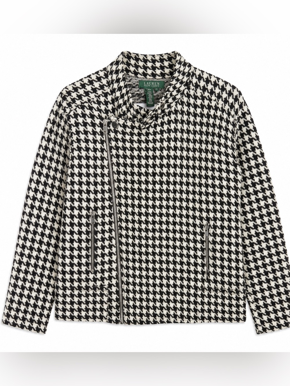 Lauren Ralph Lauren 3X Houndstooth 100% Wool Moto Jacket Black White Plus Size